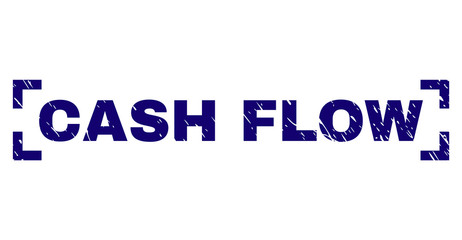 CASH FLOW text seal stamp with distress texture. Text caption is placed inside corners. Blue vector rubber print of CASH FLOW with dust texture.