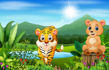 Obraz na płótnie Canvas Wild animal cartoons with beautiful green scenery