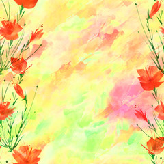 Vintage seamless watercolor pattern of plants, Herbs, flowers, poppy, rose, peony. red, yellow flowers watercolor.  stylish pattern. Abstract paint splash. Trendy background, grunge. 