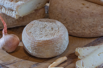 Various sliced cheese on wooden background