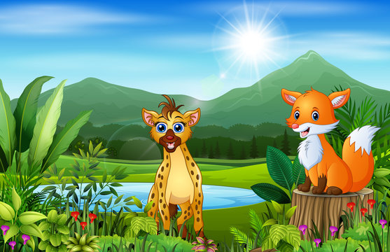 Wild animal cartoons with beautiful green scenery © dreamblack46