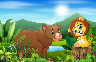 Wild animal cartoons with beautiful green scenery