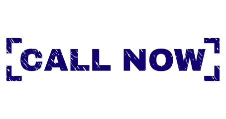 CALL NOW text seal stamp with corroded texture. Text caption is placed inside corners. Blue vector rubber print of CALL NOW with unclean texture.