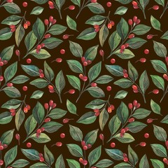 Seamless pattern with watercolor green leaves and red berries of barberry, hand-drawn image. The background is perfect for fabric, paper and background for websites etc.