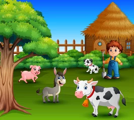 Wall murals A farmer at his farm with a bunch of farm animals
