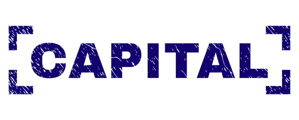 CAPITAL text seal stamp with corroded effect. Text tag is placed between corners. Blue vector rubber print of CAPITAL with corroded texture.