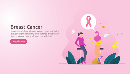 breast cancer day Awareness month with pink ribbon. female cartoon character together discussion talk for love support. web landing page template, banner, social, and print media. Vector illustration.