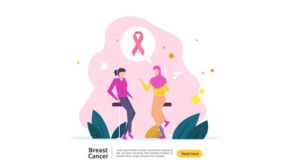 breast cancer day Awareness month with pink ribbon. female cartoon character together discussion talk for love support. web landing page template, banner, social, and print media. Vector illustration.