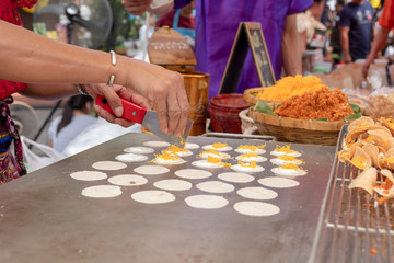 Thai Crispy Pancake or Kanom Buang. Traditional Thai desserts generally have 2 flavors: salty and sweet. Sweet taste with a mixture of golden threads