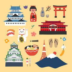 A set of icons symbolizing the style of hand painting Japan. flat design vector graphic style concept illustration.