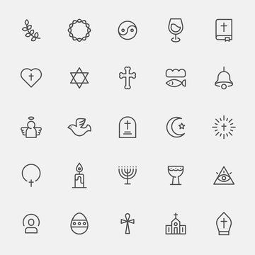 Symbols of various religion line icon set. flat design vector graphic style concept illustration.