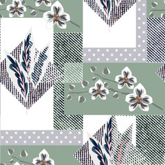 Seamless floral retro patchwork .Orchid flowers, tropical leaves, polka dot pattern. - obrazy, fototapety, plakaty