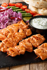 Delicious Arabian Taouk chicken skewers with fresh vegetables, yogurt sauce and pizza close-up. vertical