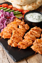 Lebanese Taouk chicken skewers served with fresh vegetables, sauce and pizza close-up. vertical