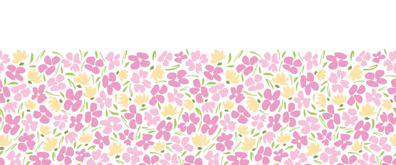 Pastel Colored graphic ditsy gestural blooms and foliage on white background vector seamless horizontal border. Florals.