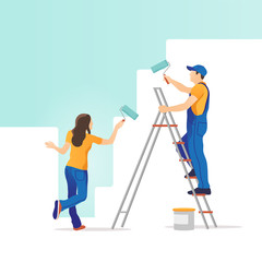 Home renovation. Young couple painting the wall in new apartment. Vector illustration.