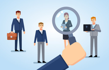 Big hand with magnifier over business people. Search for employee, we are hiring concept. Flat design vector illustration