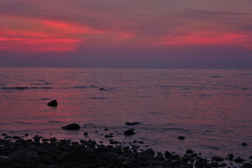 The sea sunset. Pink landscape.