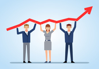 Business team holds growth arrow. Teamwork, cooperation, partnership concept. Flat design vector illustration