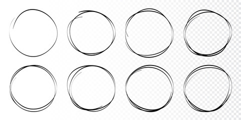 Hand drawn circles sketch frame set. Rounds scribble line circles. Doodle circular logo design elements.  Vector illustrations.