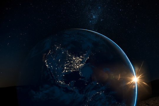 Night View Of North America From The Satellite To The Glowing City Lights On The Sunrise From The East. Elements Of This Image Are Furnished By NASA.