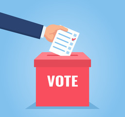 Hand puts vote bulletin into vote box. Election concept. Flat design vector illustration