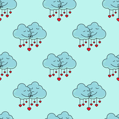 Cute clouds with a heart pattern for girls and boys. Colorful clouds with a heart on the abstract background create a fun cartoon. The pattern is made multicolors. Urban clouds with a heart pattern