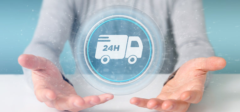 Businessman holding a Fast delivery button with connection 3d rendering