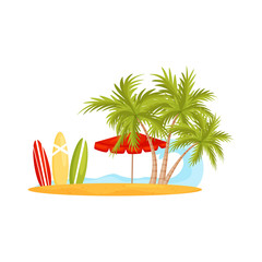Blue ocean wave and sandy beach with palm trees, umbrella and surfing boards. Vacation on Bali. Flat vector design