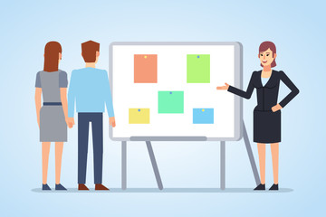 Woman pointing to whiteboard. Business people at meeting, presentation. Flat style vector illustration
