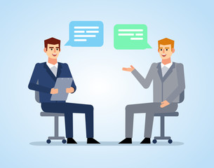 Two man sitting and talking. Job interview concept. Flat style vector illustration