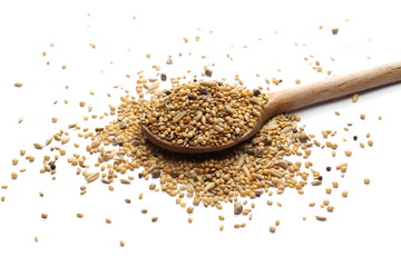 Mixed bird seeds, millet pile with wooden spoon isolated on white background