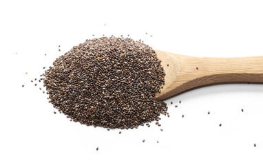 Chia seeds with wooden spoon isolated on white background