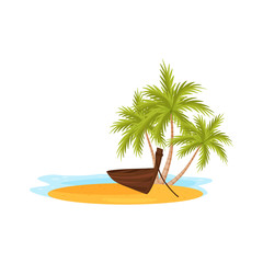 Blue ocean water, green palm trees and traditional wooden boat on sand. Travel to Bali, Indonesia. Flat vector design