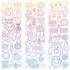 Vector set of space elements icons in doodle style. Painted, colorful, gradient, on a sheet of checkered paper on a white background.