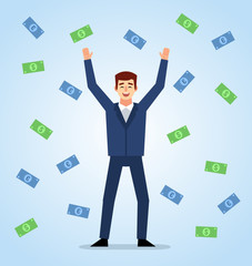 Happy businessman stands under money rain. Lottery winner, successful businessman. Flat design vector illustration