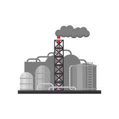 Landscape of manufacturing factory with large metal cisterns, pipes and smoking chimney. Flat vector design