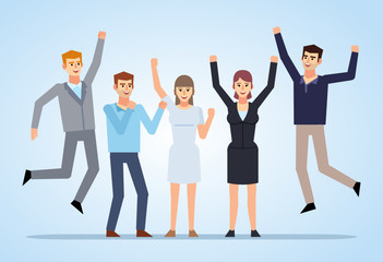 Group of people celebrating, jumping. Cheerful men and women, successful achievement, teamwork. Flat design vector illustration