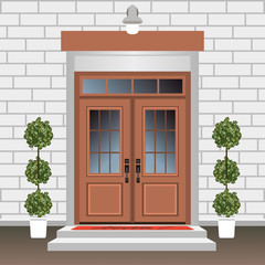 Fototapeta na wymiar House door front with doorstep and steps, lamp, flowers in pots, building entry facade, exterior entrance with brick wall design illustration vector in flat style
