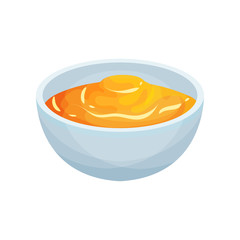 Fresh honey in small ceramic bowl. Natural and healthy product from apiary farm. Cartoon vector design