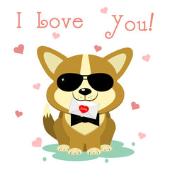 Congratulations on Valentine s Day. A cute puppy of corgi in sunglasses and a bow-tie sits and holds a letter on a background of hearts. Flat design, cartoon style, vector