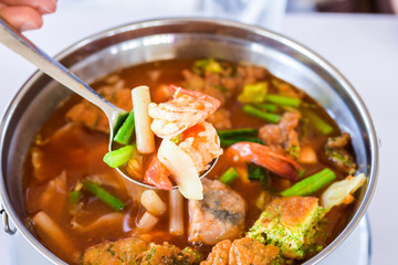 Mixed Vegetable in Spicy and .Sour Soup with Shrimp  (kang-som-cha-om-koong), Thai food