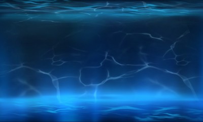 Product of the sea depth with the radiance of the water, the depth of the ocean with the overflow of light in the water. Blue sea smooth background. Clean photographer studio. Neon Light, reflection