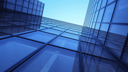 Skyscrappers with reflections. Glass and metall office buildings. 3d illustration