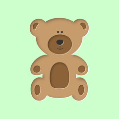 sitting cute forest brown baby bear toy in paper cut craft style isolated on green background, stock vector illustration clip art