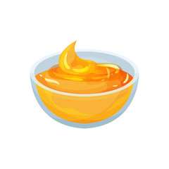 Fresh sweet honey in glass bowl. Organic and healthy product. Natural ingredient for facial mask. Flat vector design