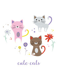 set with cute cats and flowers