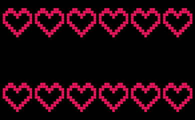 Patchwork or cross stitch pattern with six hearts in a row top and bottom with copy space and black background, seamless design of symmetrically placed hearts, pixel-like banner or backdrop decoration