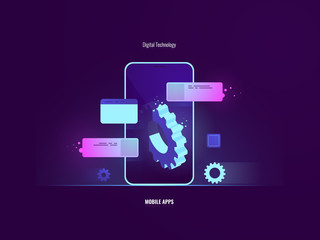 Awesome mobile software application development concept, mobile phone with big gear stick out of the screen, programming, smartphone setting and function, flat neon vector
