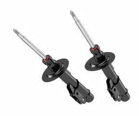 3D rendering. Passenger car Shock Absorber, new auto parts, spare parts. Spare parts for shop, aftermarket OEM